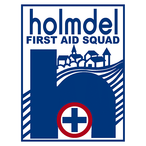 Logo of Holmdel First Aid Squad featuring a large "H" with a red cross inside a circle and a town silhouette.