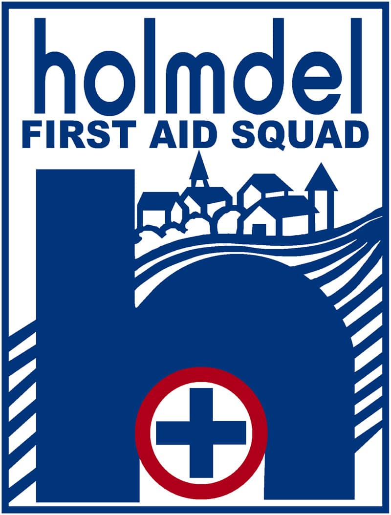 Logo of Holmdel First Aid Squad featuring a stylized letter "h," a red cross, and a silhouette of a town.